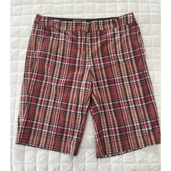 MANHATTAN CHINO Womens Shorts 10 Pink Brown Plaid Bermuda Retro Preppy Summer - Picture 1 of 10